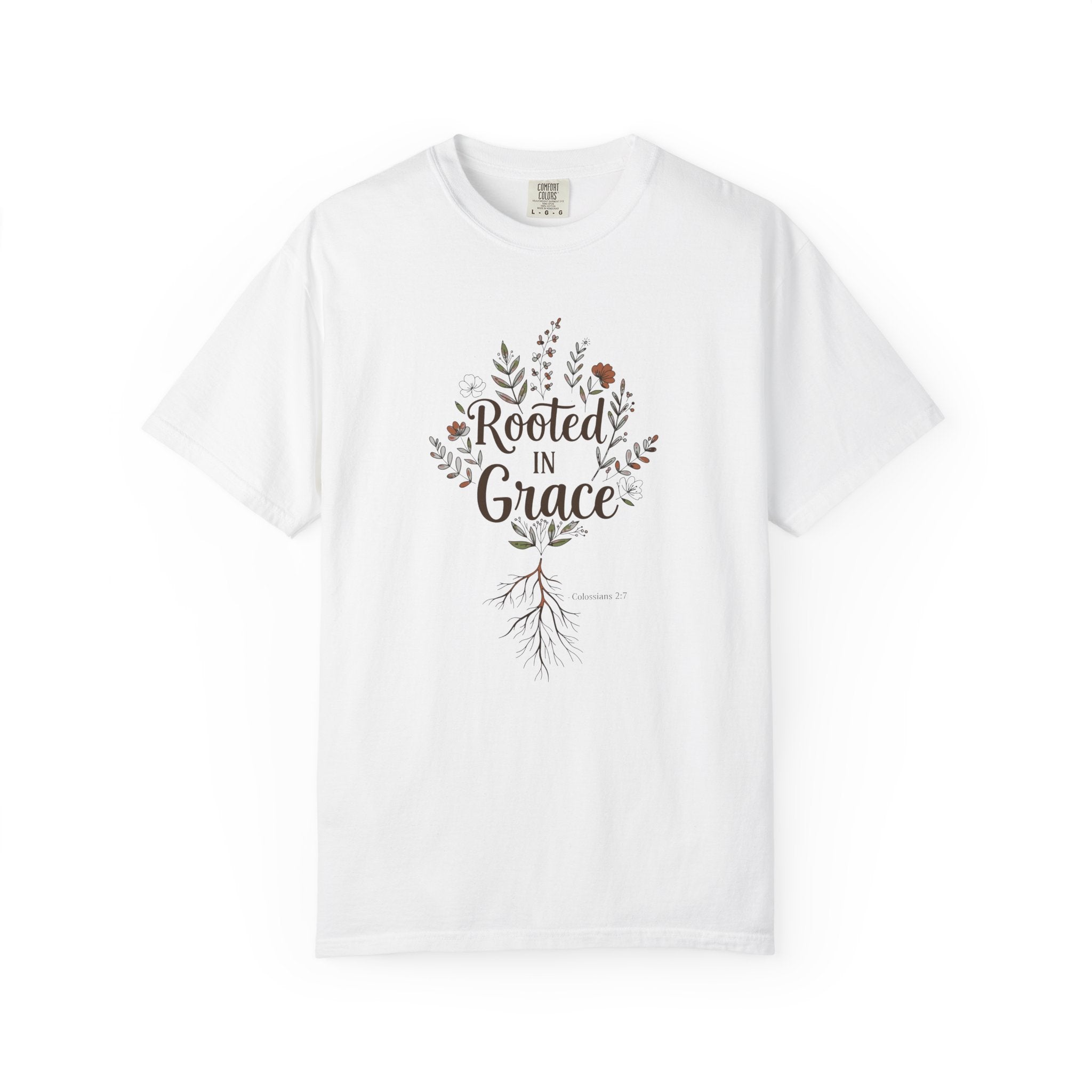 Rooted in Grace T-Shirt – Women’s Faith & Floral Tee (Colossians 2:7)