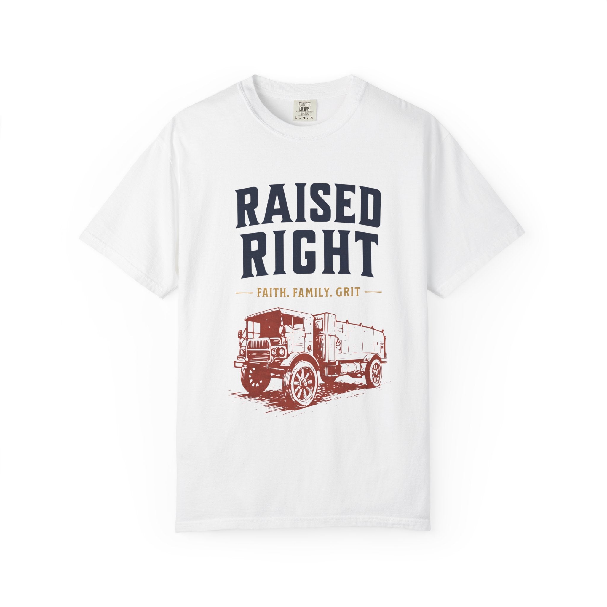 Raised Right T-Shirt – Faith. Family. Grit. (Men’s Heritage Tee)
