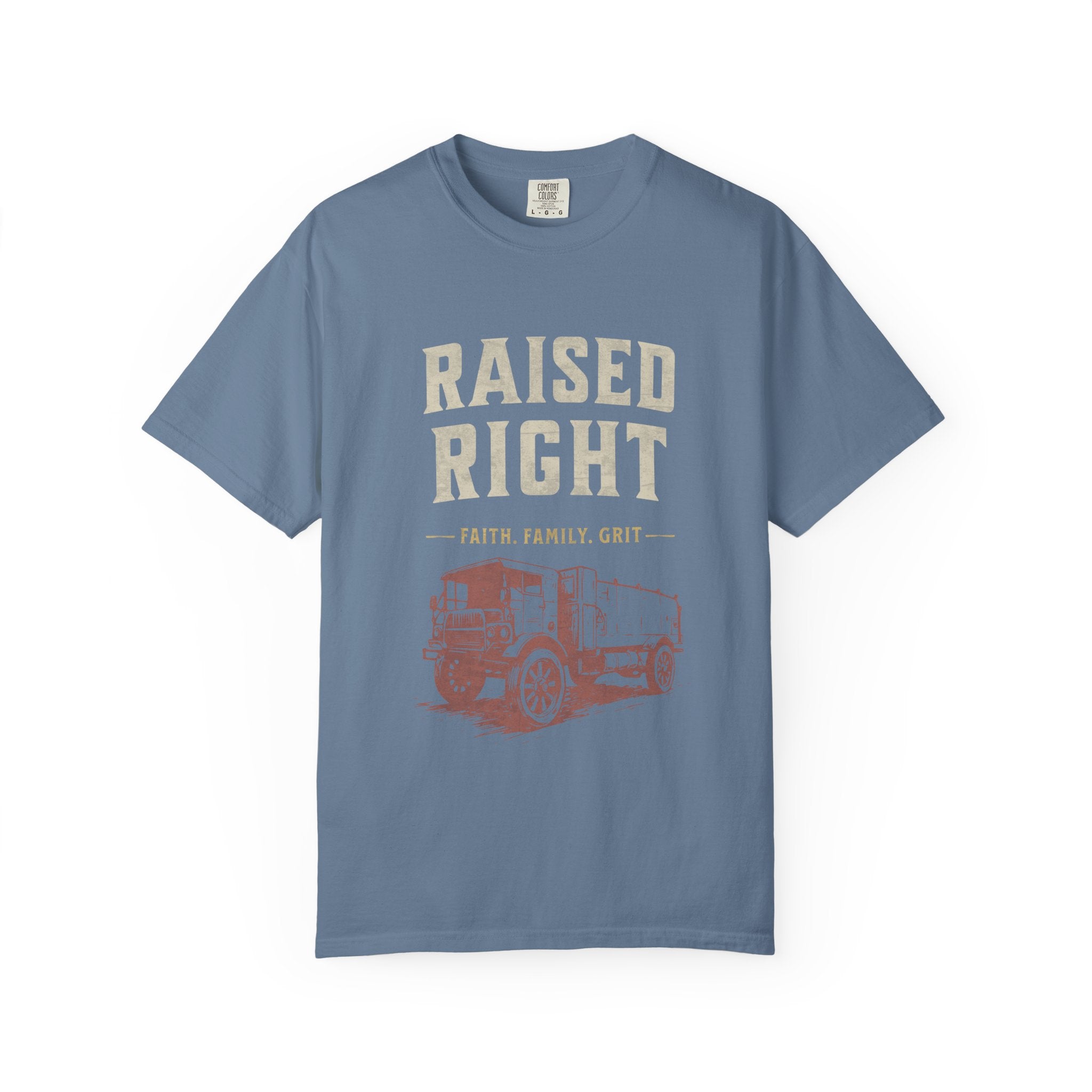 Raised Right T-Shirt – Faith. Family. Grit. (Men’s Heritage Tee)