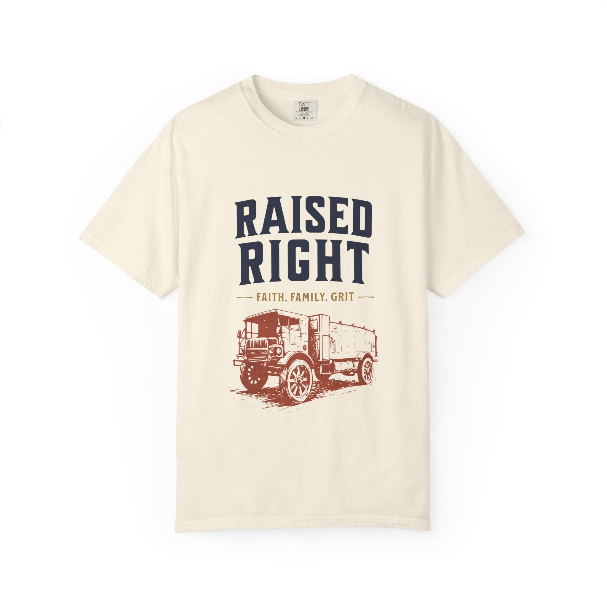 Raised Right T-Shirt – Faith. Family. Grit. (Men’s Heritage Tee)