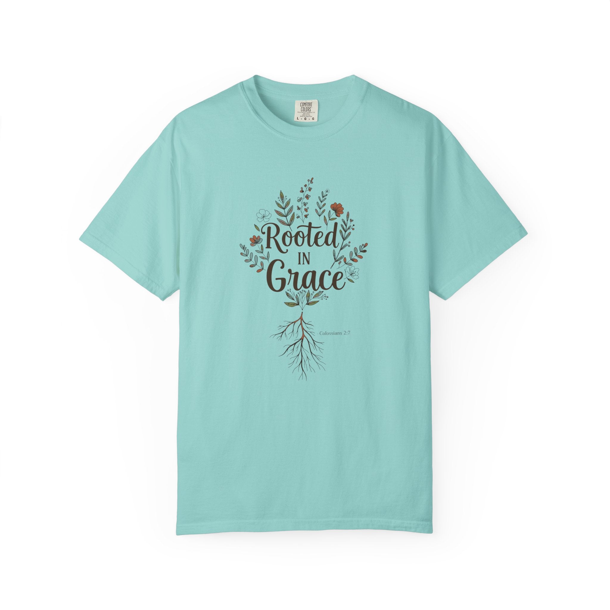 Rooted in Grace T-Shirt – Women’s Faith & Floral Tee (Colossians 2:7)