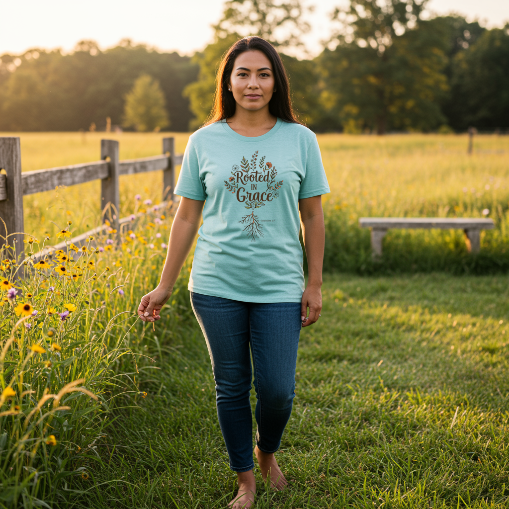 Rooted in Grace T-Shirt – Women’s Faith & Floral Tee (Colossians 2:7)