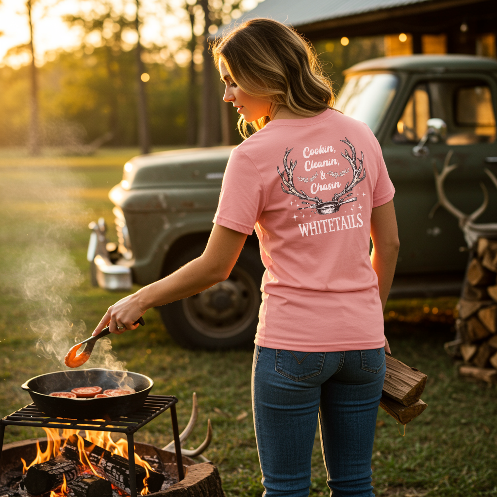 Cookin’, Cleanin’, & Chasin’ Whitetails T-Shirt – Women’s