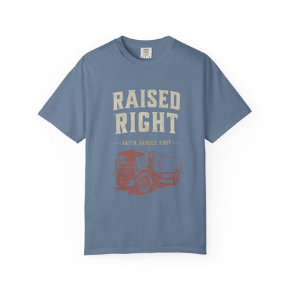 Raised Right T-Shirt – Faith. Family. Grit. (Men’s Heritage Tee)