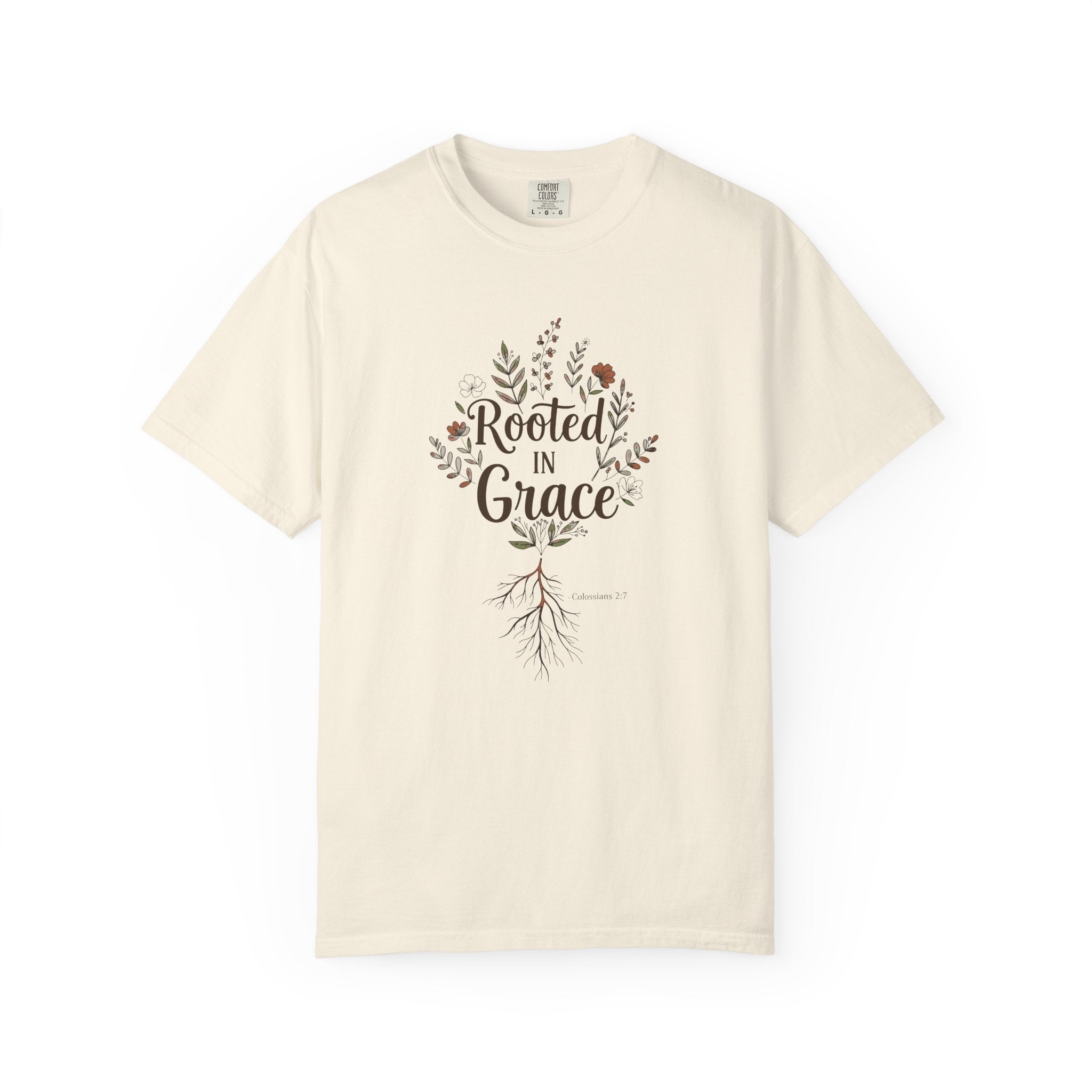 Rooted in Grace T-Shirt – Women’s Faith & Floral Tee (Colossians 2:7)
