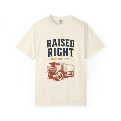 Raised Right T-Shirt – Faith. Family. Grit. (Men’s Heritage Tee)